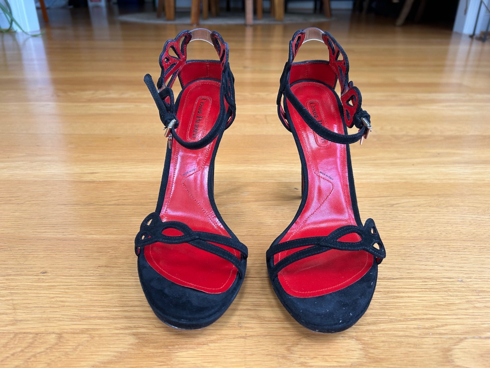 CESARE PACIOTTI Black Suede Butterfly Laser-Cut Sandals SZ 8.5 IT 38.5 Good &Box