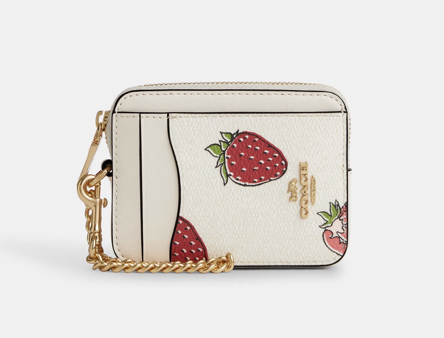 Coach CAR32 Zip Card Case With Strawberry Print NWT Chalk Multi