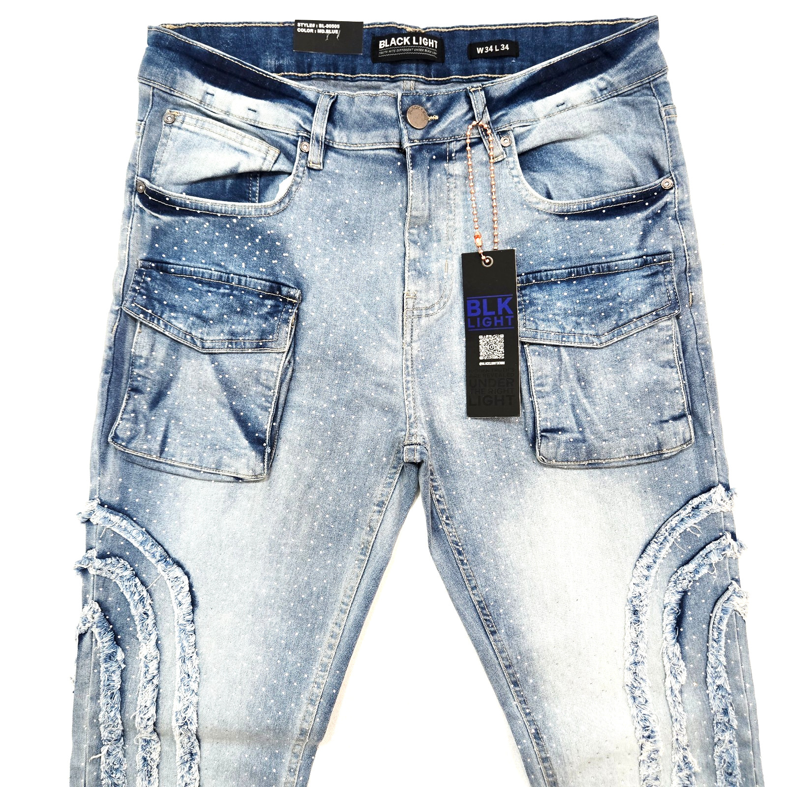 Black Light Men Jeans Stretch Slim Straight Flare Fit Med Blue Denim Rhinestone