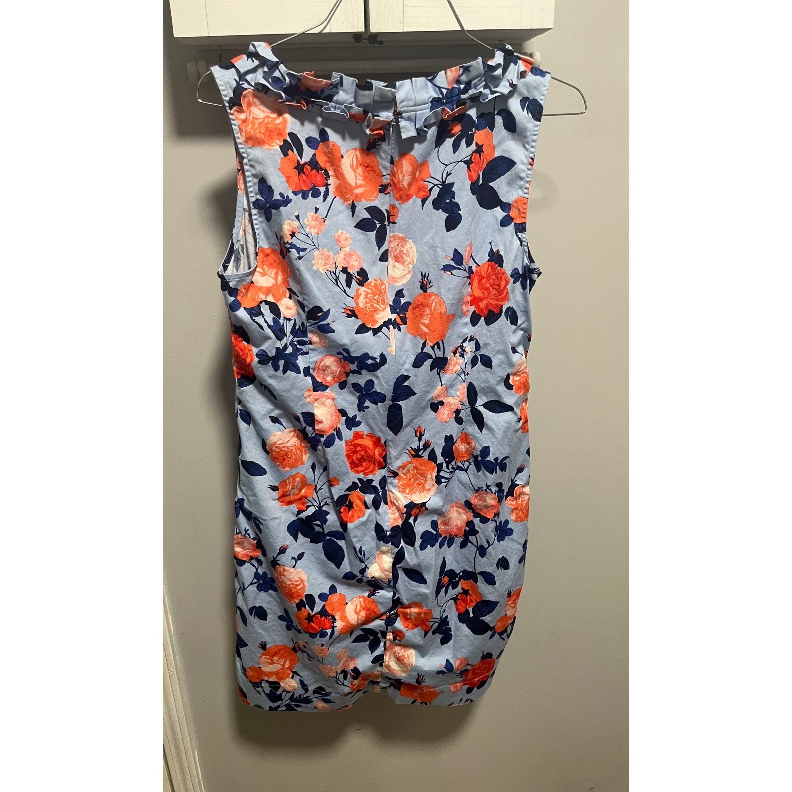 Feminine Talbots Blue Floral Rose Ruffle Neck Sleeveless Shift Dress Preppy