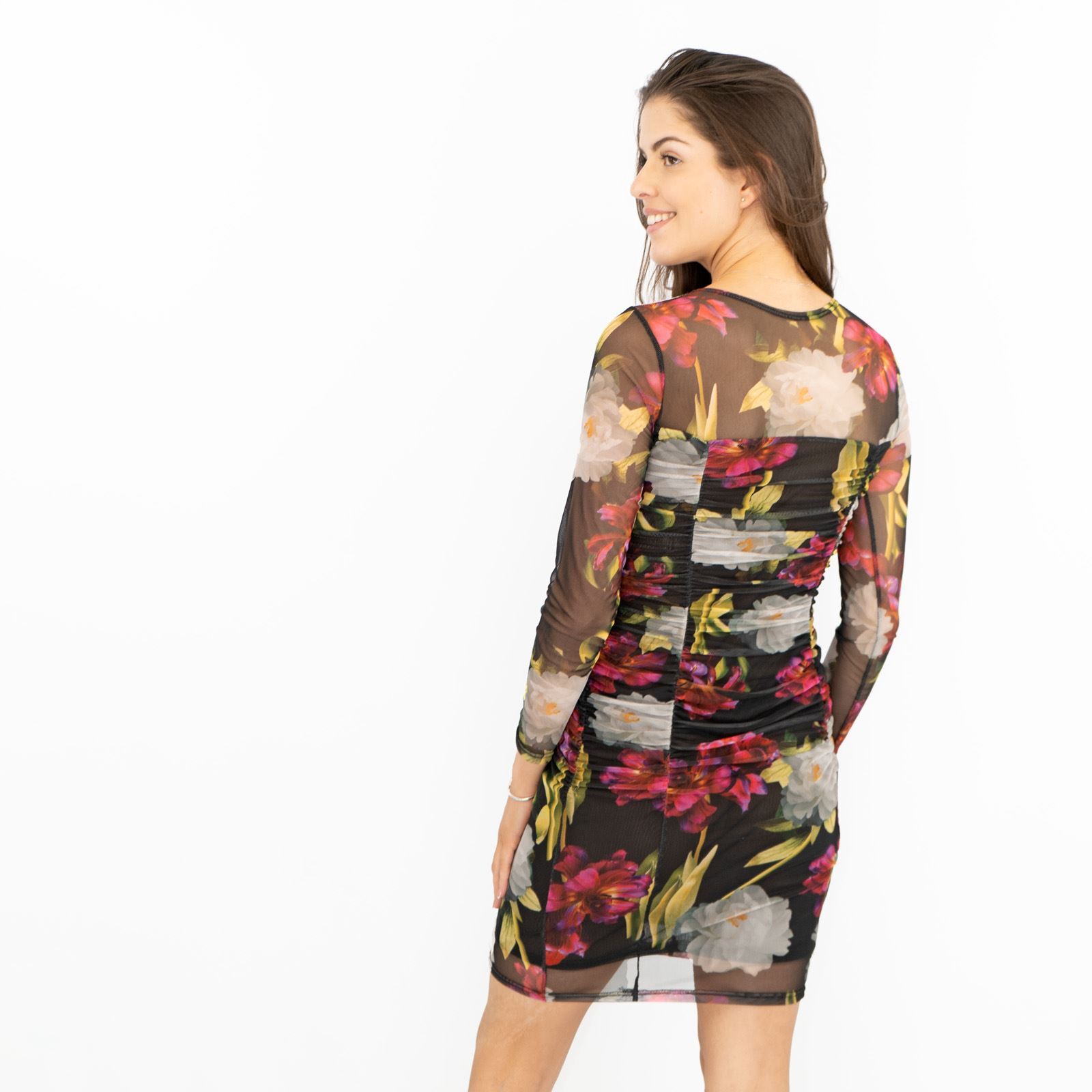 Karen Millen Womens Dress Black Iris Floral Ruched Waist Mesh Jersey Mini Party