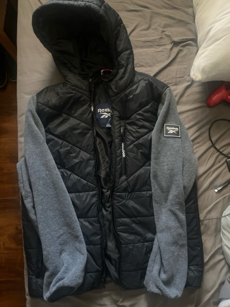 Reebok Men’s Hooded Puffer Jacket Full-Zip Fleece Sleeves Pockets L Black/Gray