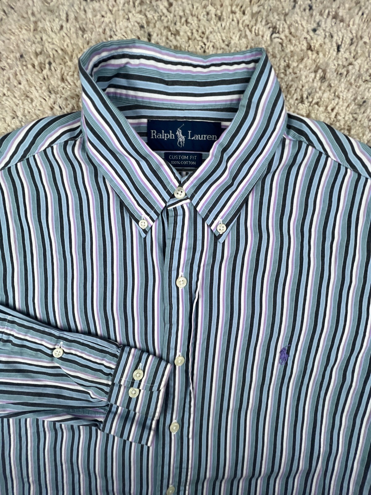 Ralph Lauren Long Sleeve Button Up Shirt 16 32/33 Striped Custom Fit Purple Blue
