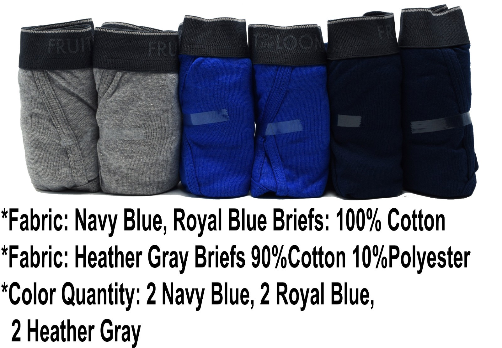 6 Blue Gray Extra Large XL 40-42 Briefs Mid Rise Fruit of the Loom EG 102-107 CM