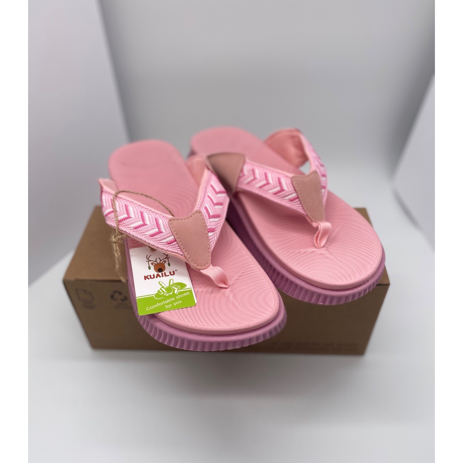 Kuailu Womens Orthopedic Flip Flops Pink Arch Support Recovery Sandals 1.7″ Sole