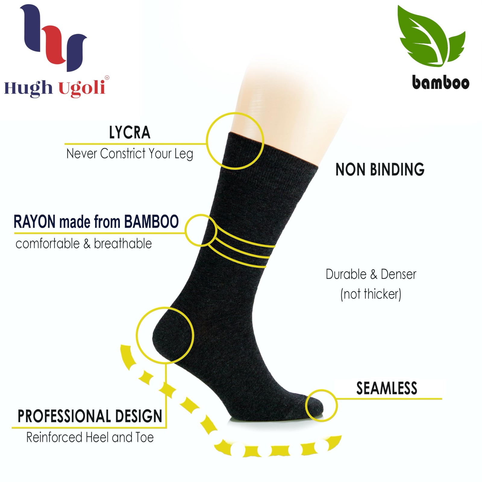 Hugh Ugoli Women’s Thin Soft Rayon Crew Socks for 9-11, 01- Black (3 Pairs)