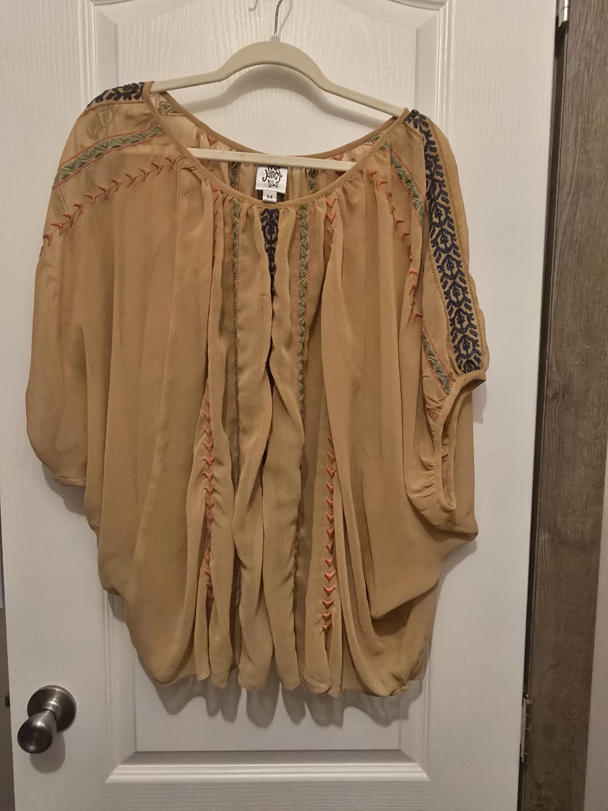 Ivy Jane Boho Embroidered Peasant Top Tan Sheer Batwing Dolman Sleeve Blouse M