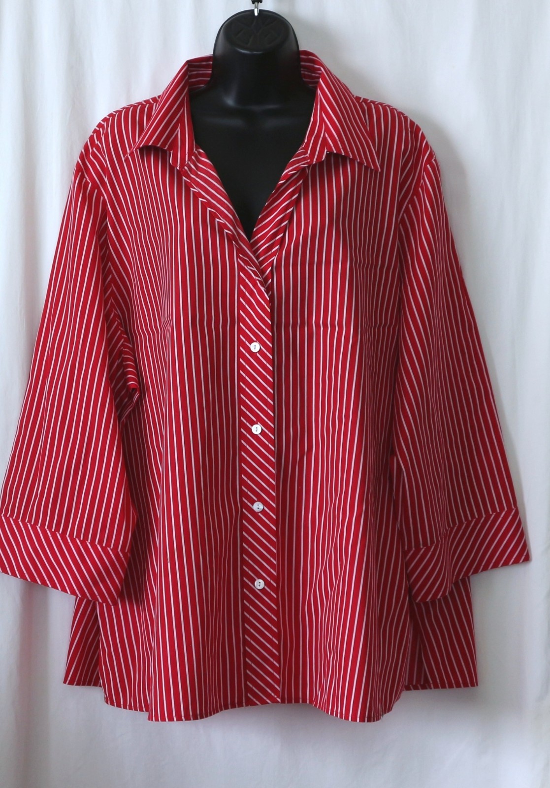FOXCROFT Red Strpd Classic Fit VNck Blse 58 In Chst 30 In Lng Sz 24W EXC