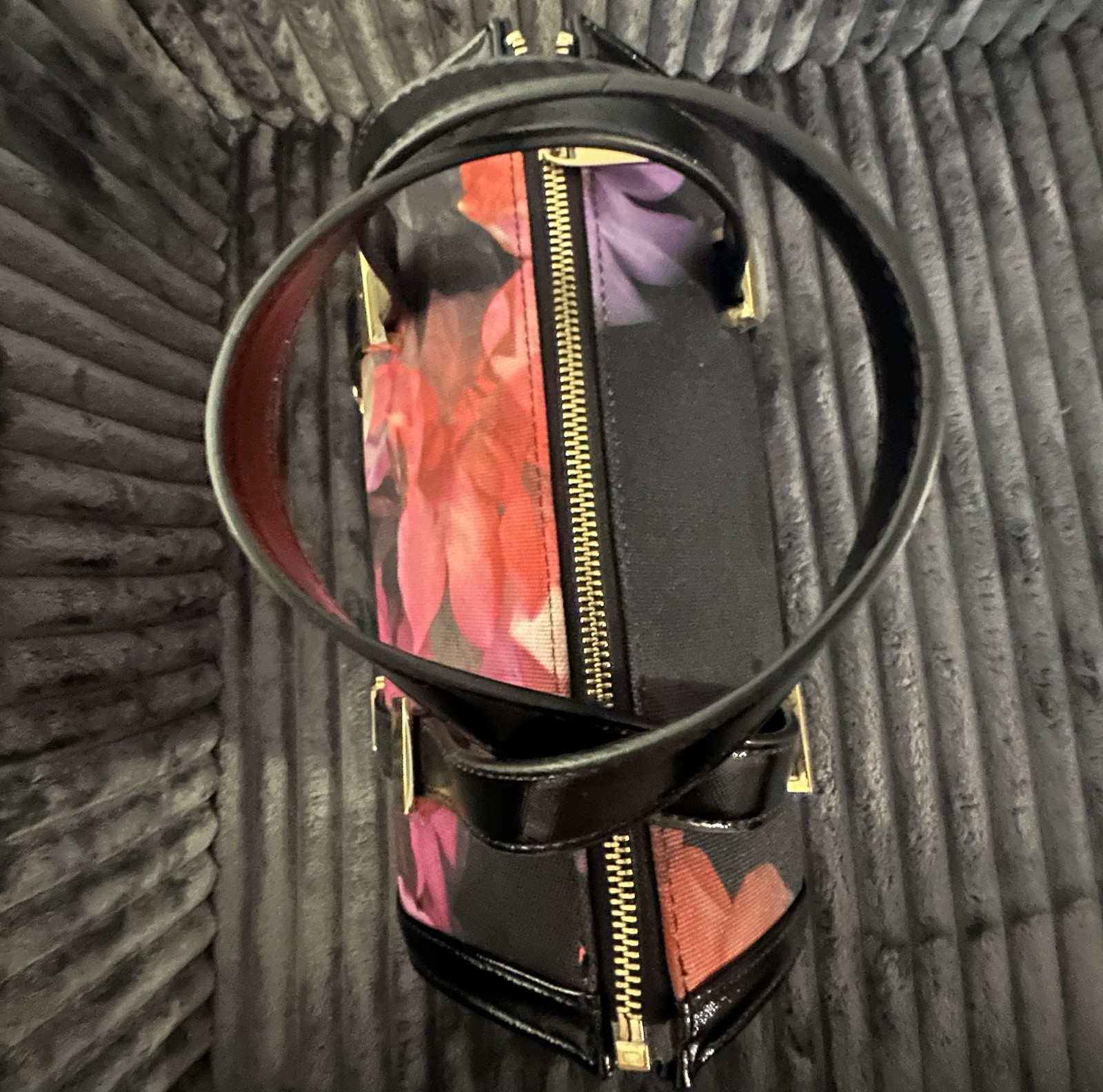 Ted Baker Floral Print Tote Satchel Handbag Black Patent Trim Gold Hardware