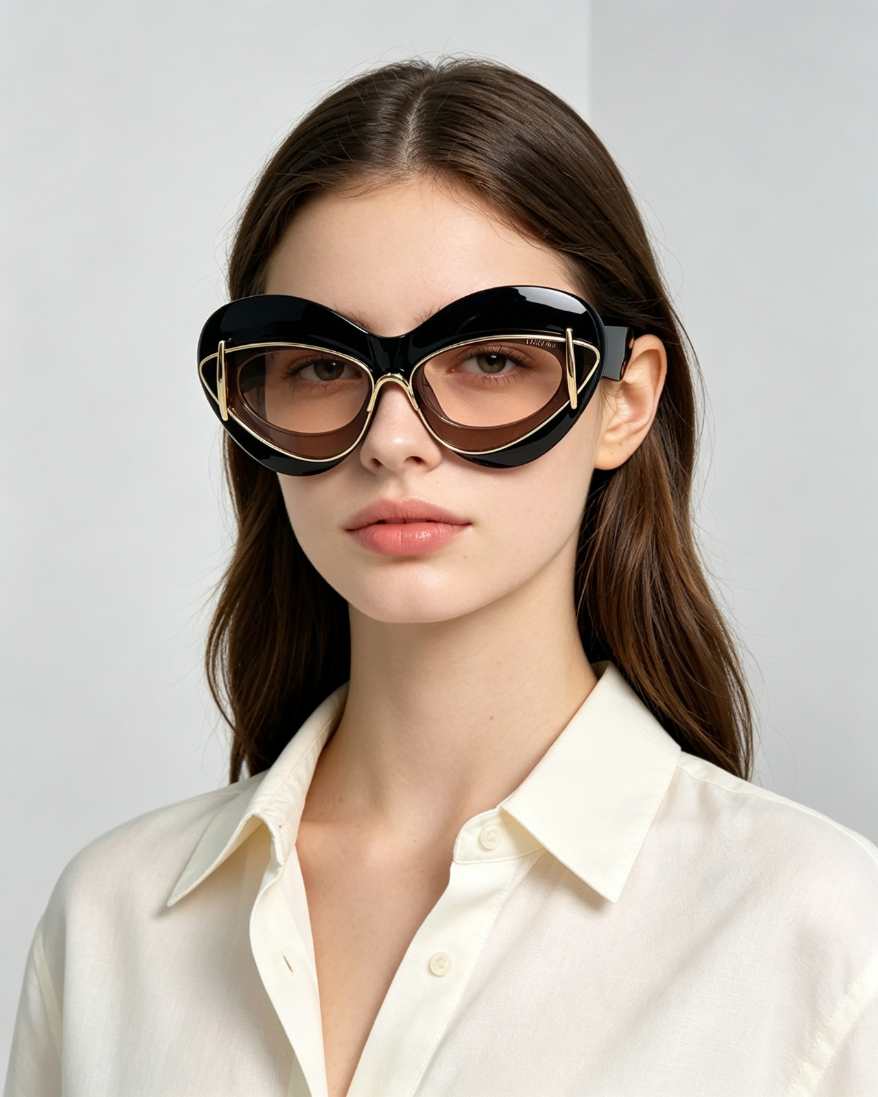 LOEWE Cat Eye Sunglasses Black Frame Light Pink Lens Double Rim Fashion Shades
