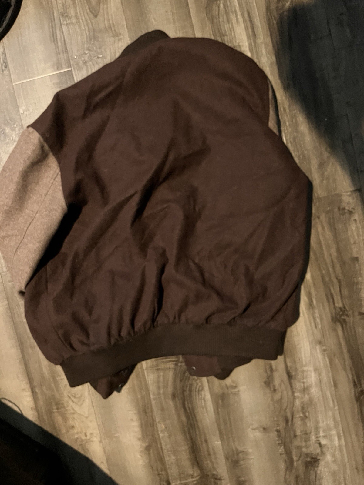 the jasperz Men’s L Brown/Tan Wool Snap-Front Varsity Jacket B Patch Miami