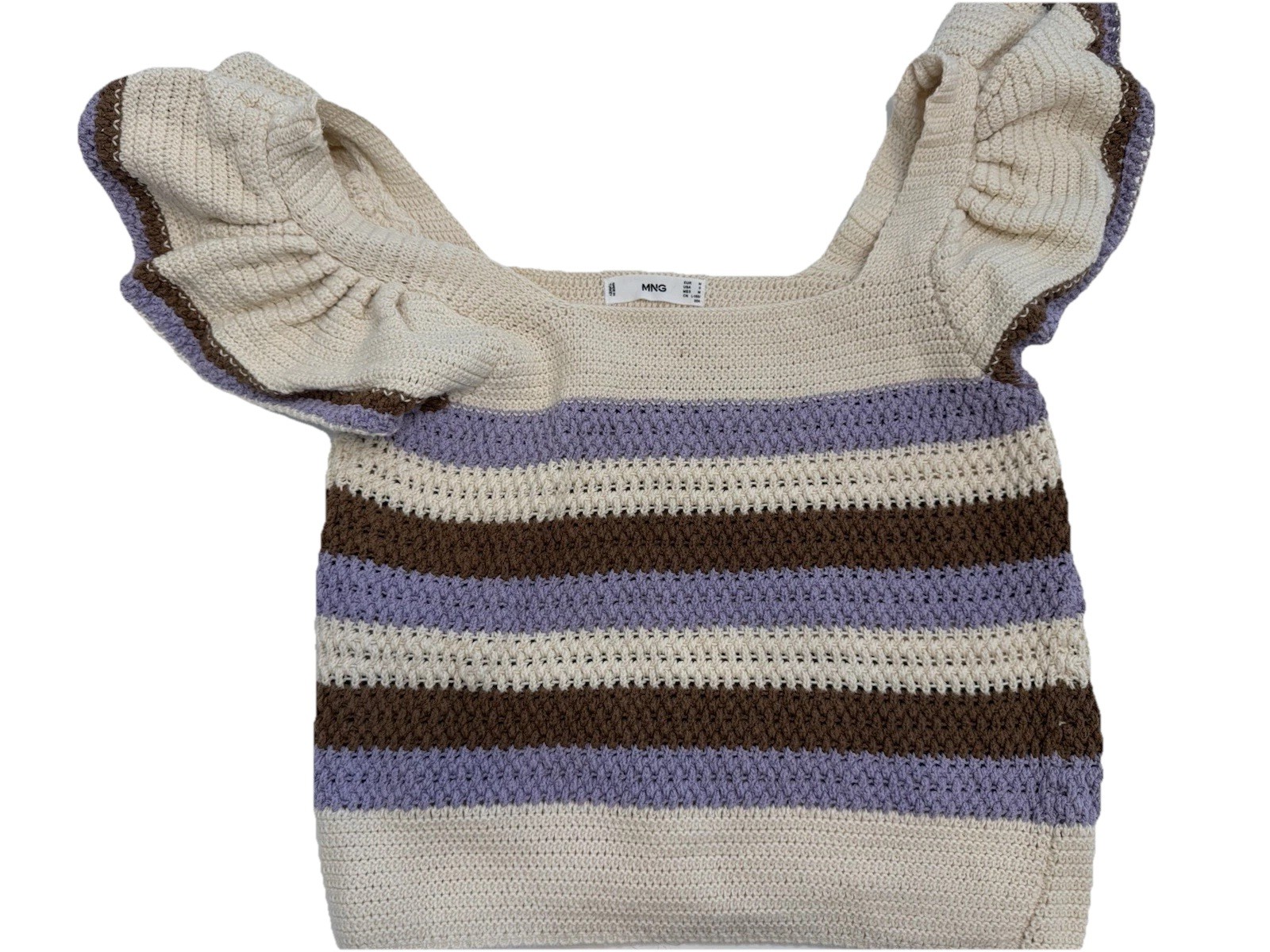 MNG Mango Beige Striped Knit Ruffle Flutter Sleeve Square Neck Cropped Top S