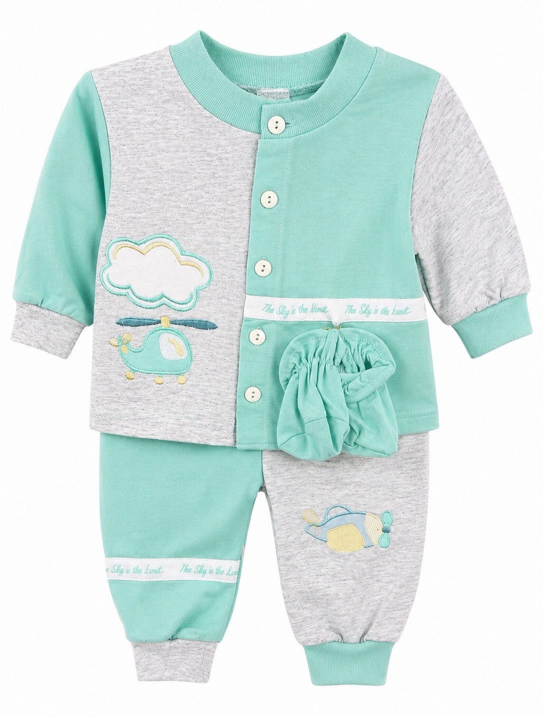 Gerber 6-9M Mint Green/Gray Helicopter Colorblock 3 piece Top & Pants, Mittens