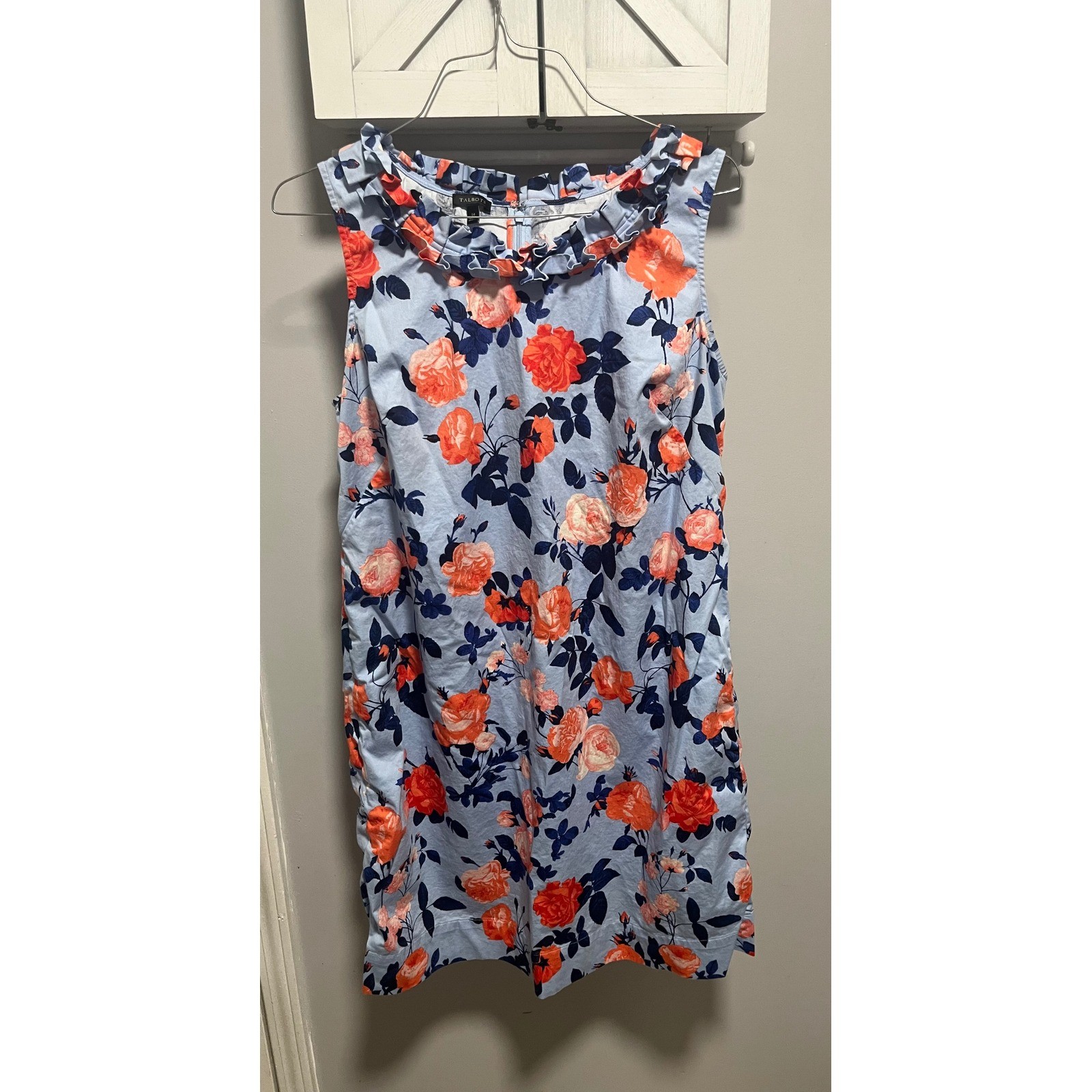 Feminine Talbots Blue Floral Rose Ruffle Neck Sleeveless Shift Dress Preppy