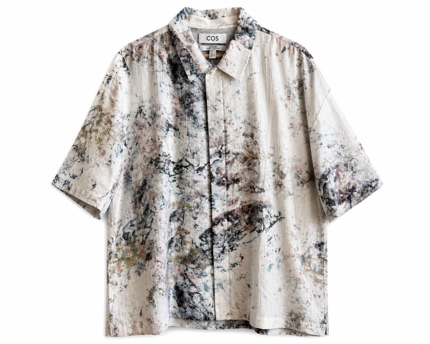 COS Oversized Marble Print Shirt XL Tencel Lyocell Camp Collar Short Sleeve