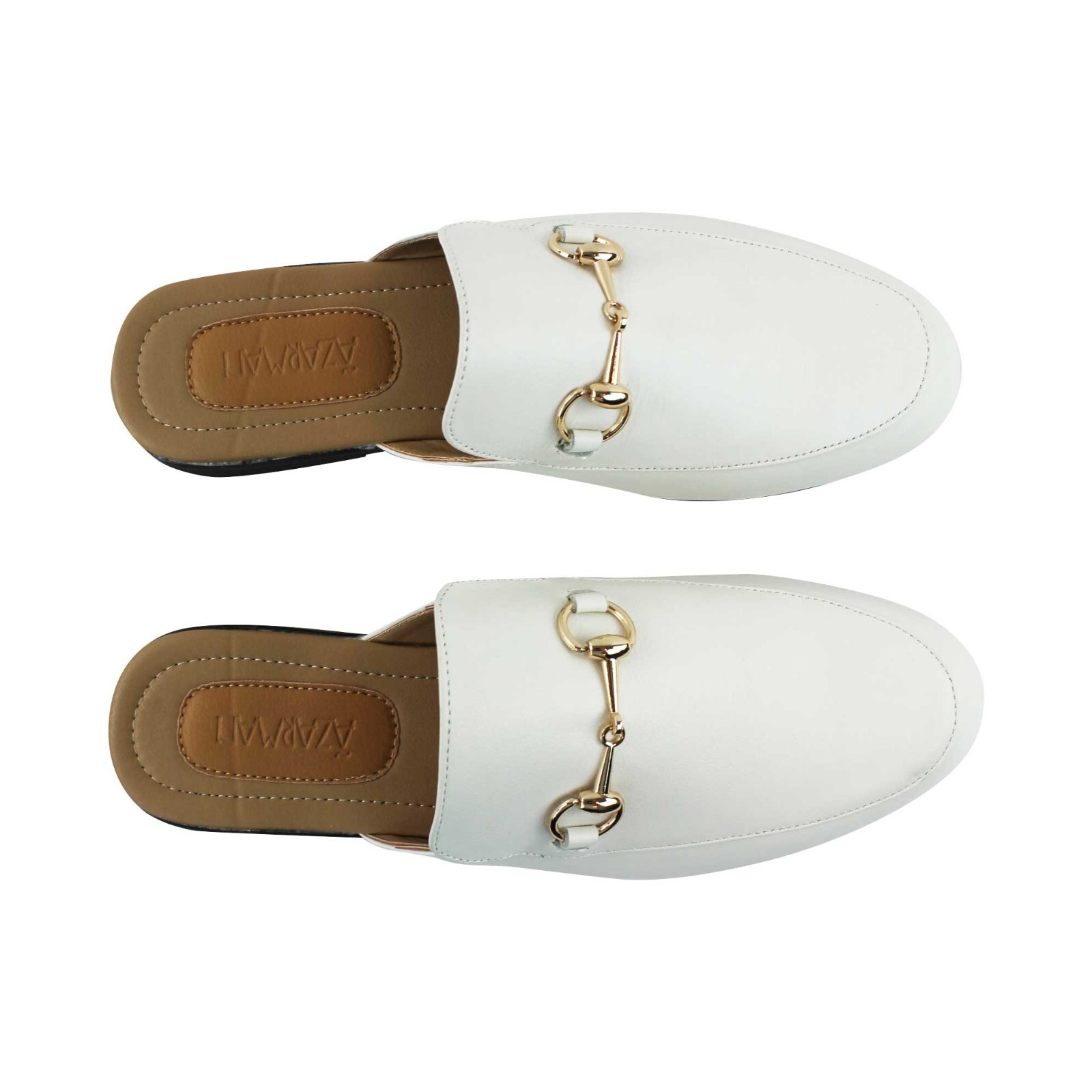 Men WHITE Real Leather Backless Slip On Mule Gold Buckle Loafers Shoes AZARMAN