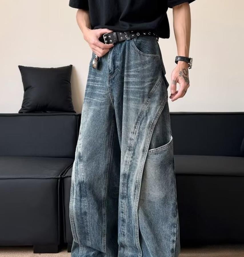 Men’s Retro Blue Denim Loose Fit Jeans Pockets Punk Hip Hop Trousers Casual New