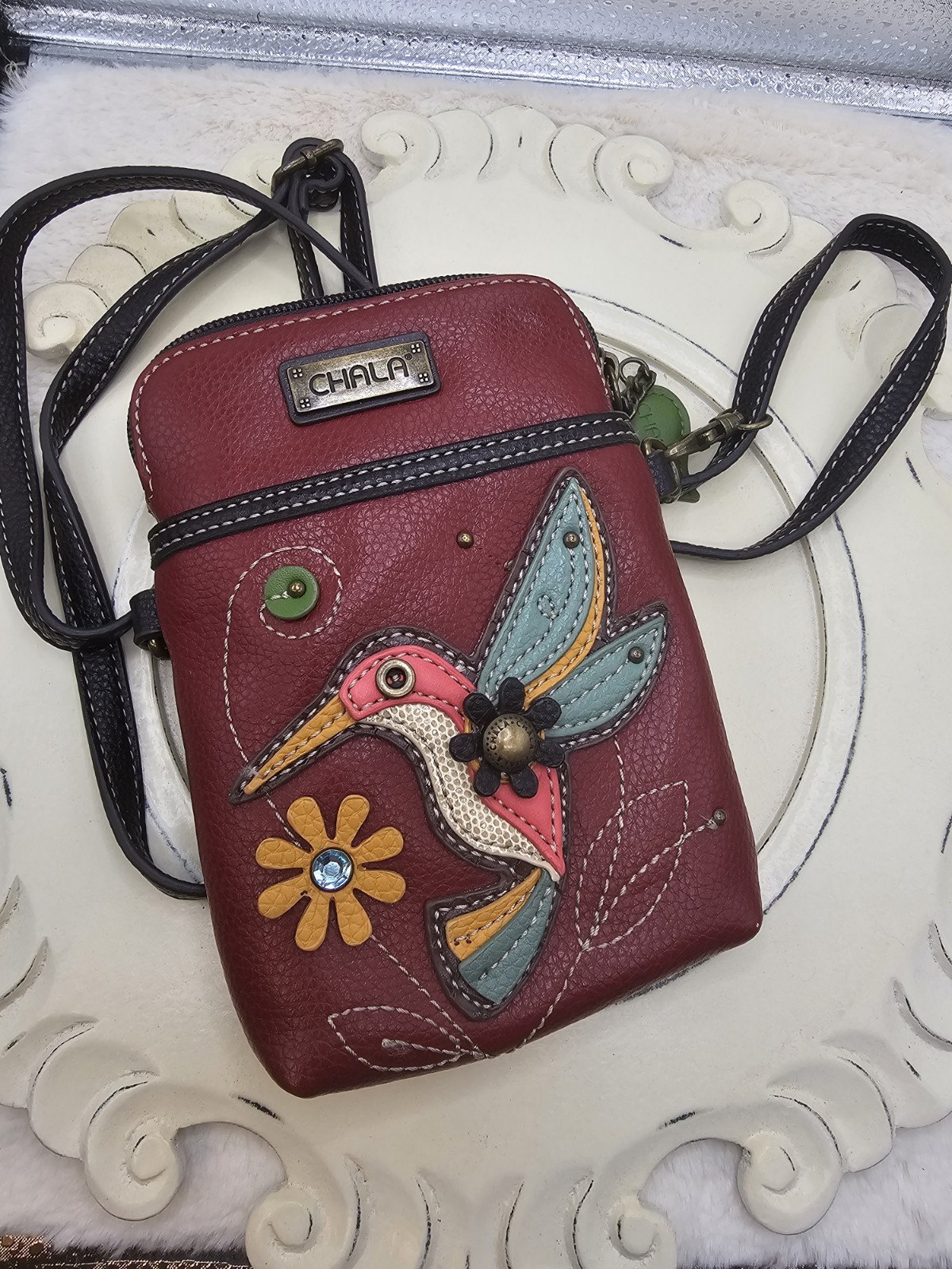 Chala Burgundy Bird Crossbody Bag Small Zip Closure Flower Charm