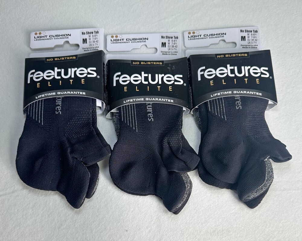 3 Pairs Feetures Men’s Elite No Show Tob Socks Light cushion Size M 6-8.5 Black