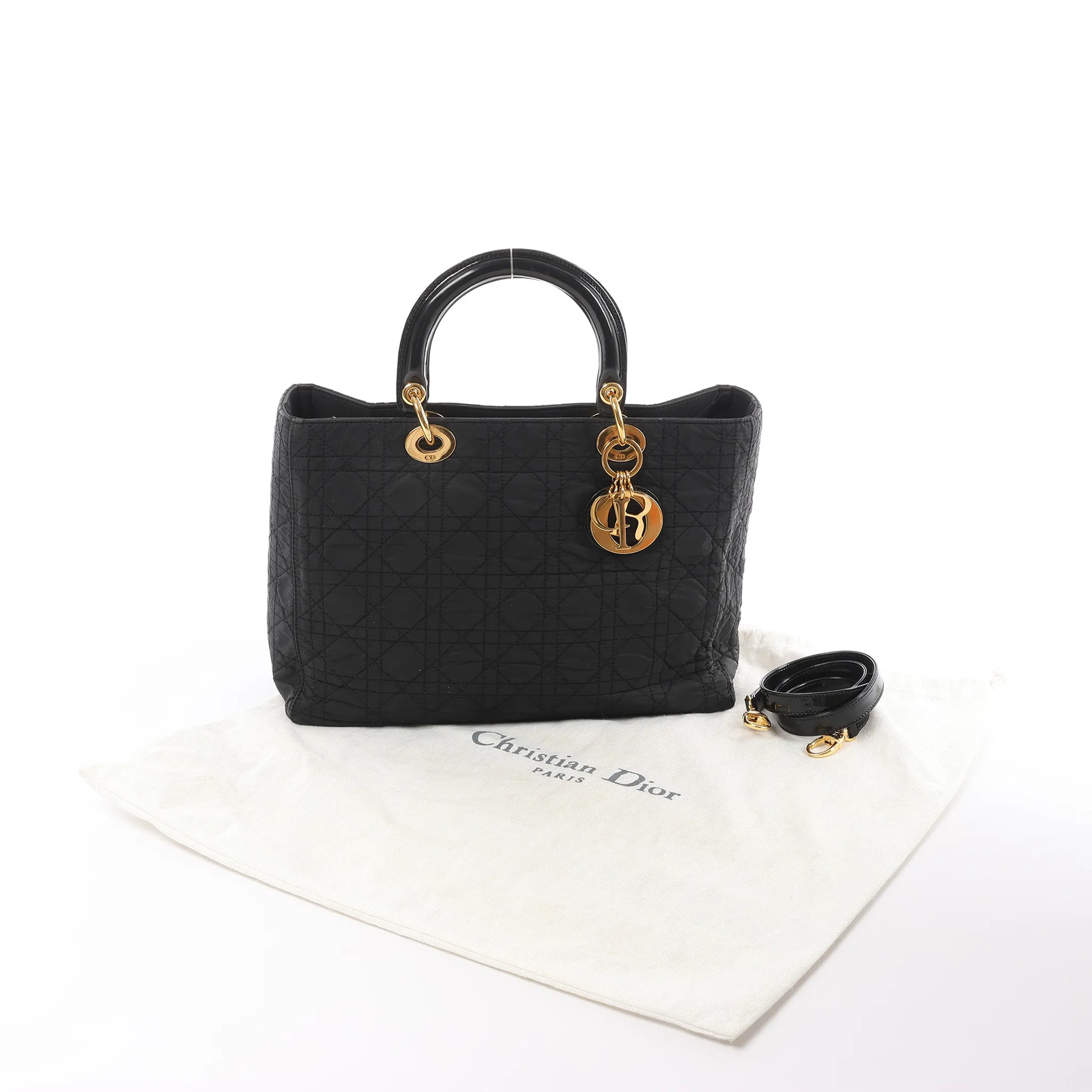 Dior Lady Dior Large Cannage Nylon x Patent Leather 2Way Handbag in Black
