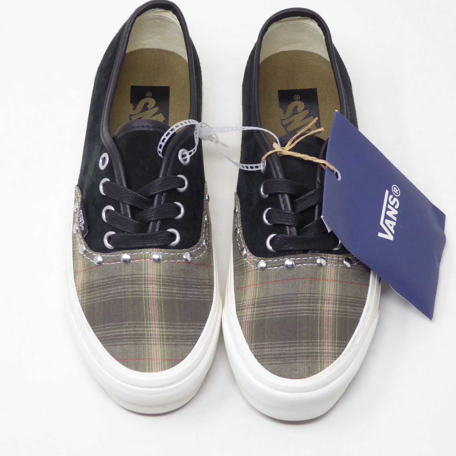 Vans Black & Khaki Premium Authentic 44 Sneakers Prep Plaid Olive Studs Sz 6.5