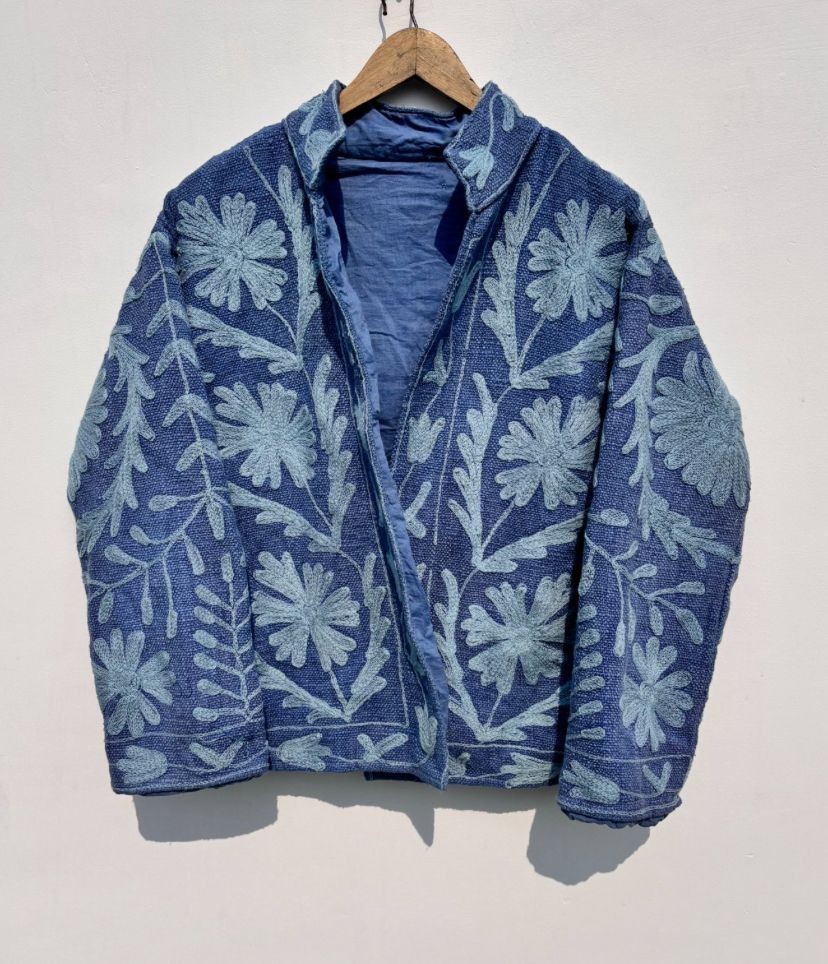 Bohemian Indigo Blue Hand Embroidered Floral Jacket Artisan Ethnic Suzani Coat
