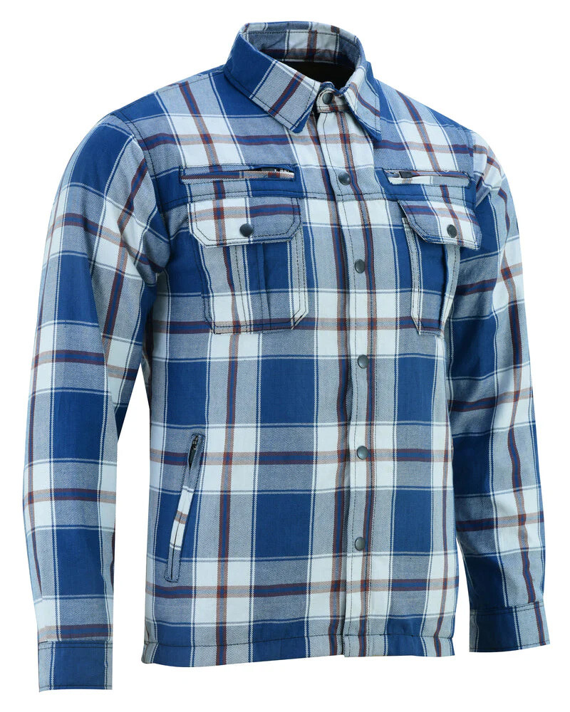 Men’s Motorcycle Shirt All Season Armored Flannel Blue, White & Maroon Shirt