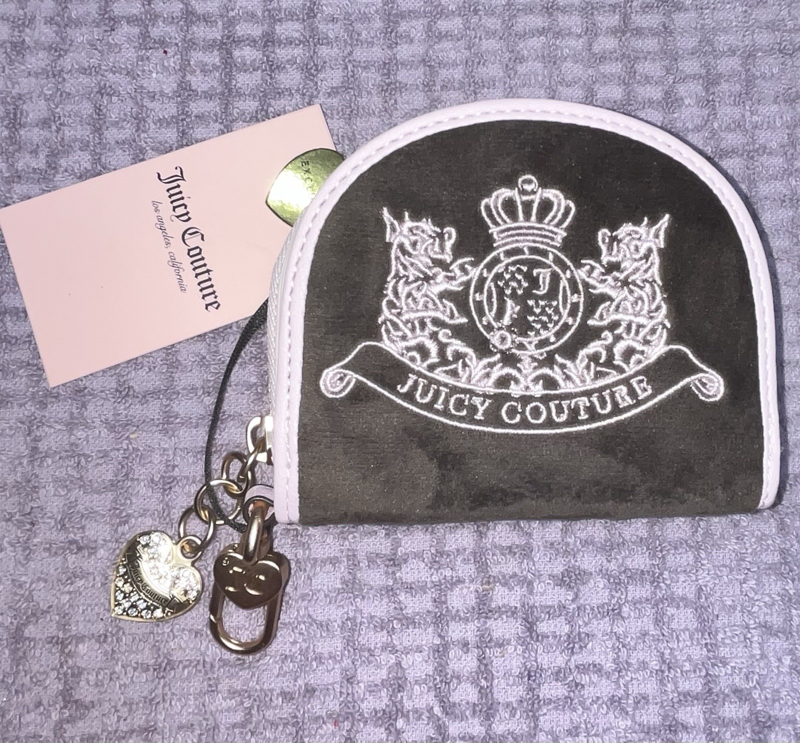 VTG NWT Juicy Couture Brown Pink Heart Zip-Around Wallet Embroidered w/2 Charms