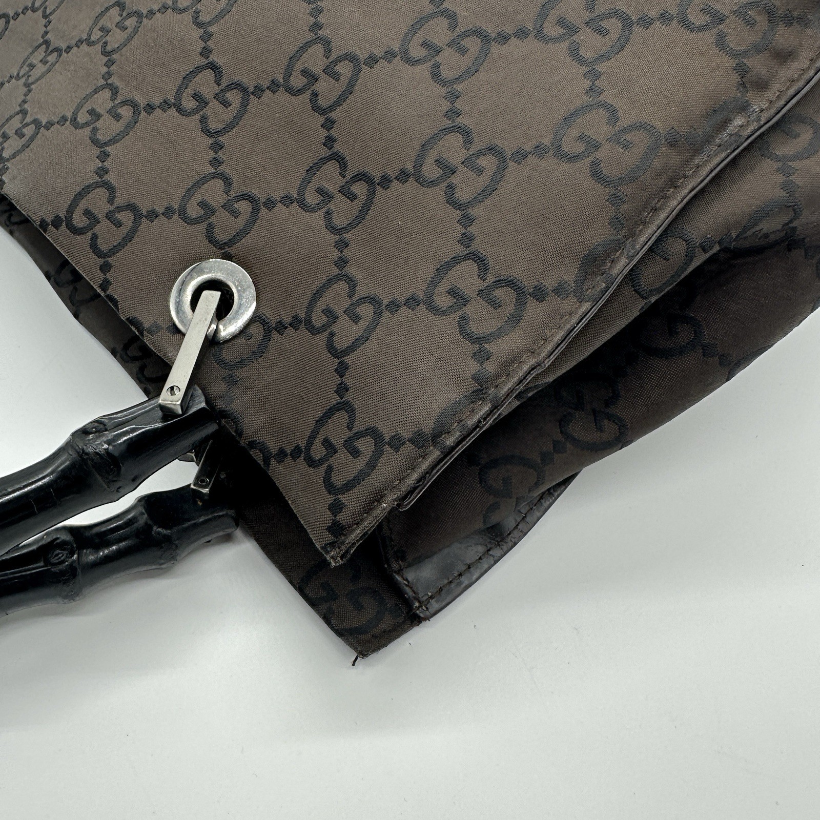 Gucci Handbag Bamboo GG Nylon Dark Brown Purse Double Handle Authentic