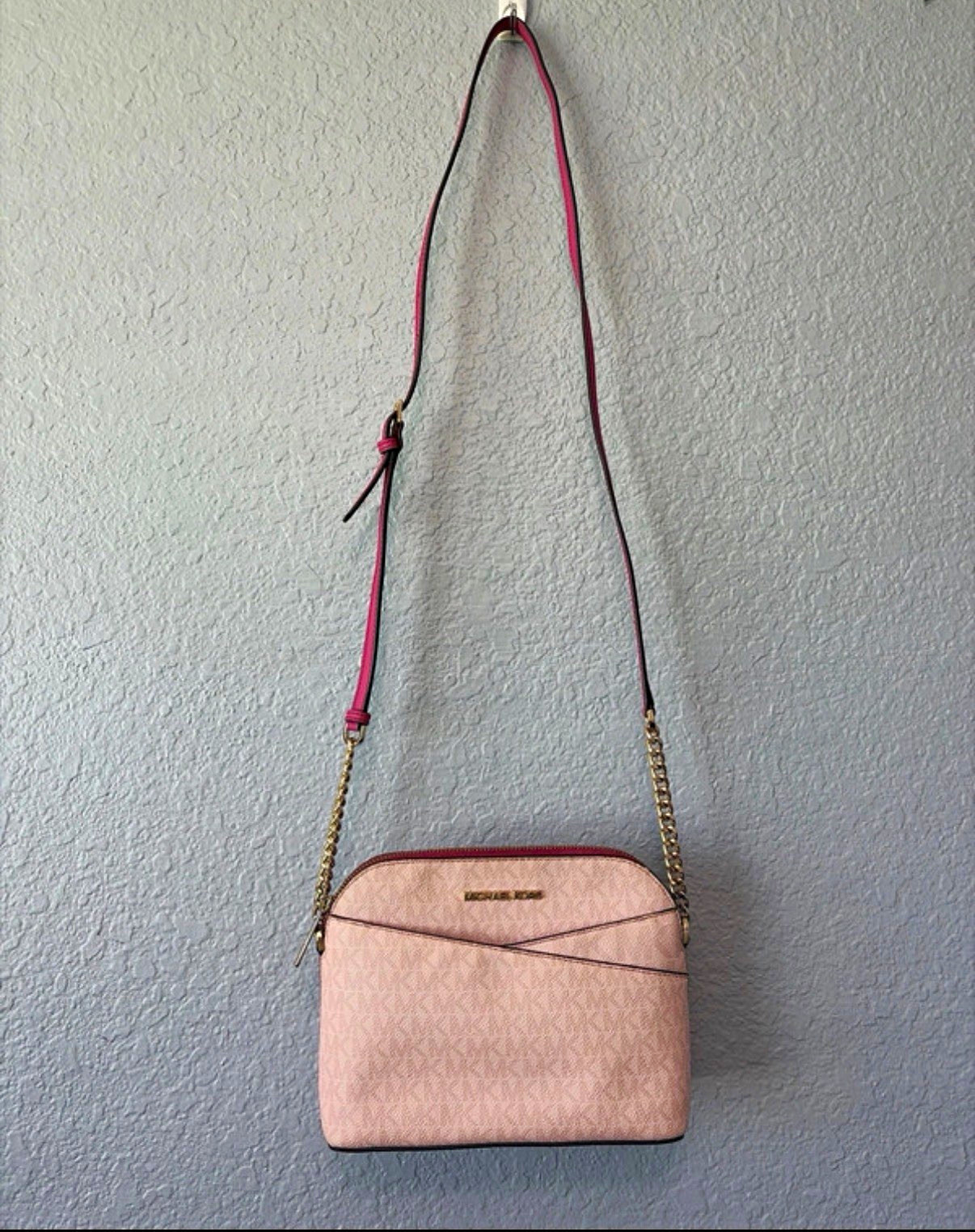 Michael Kors Pink Logo Zip Crossbody Bag Gold Chain Detachable Strap Small