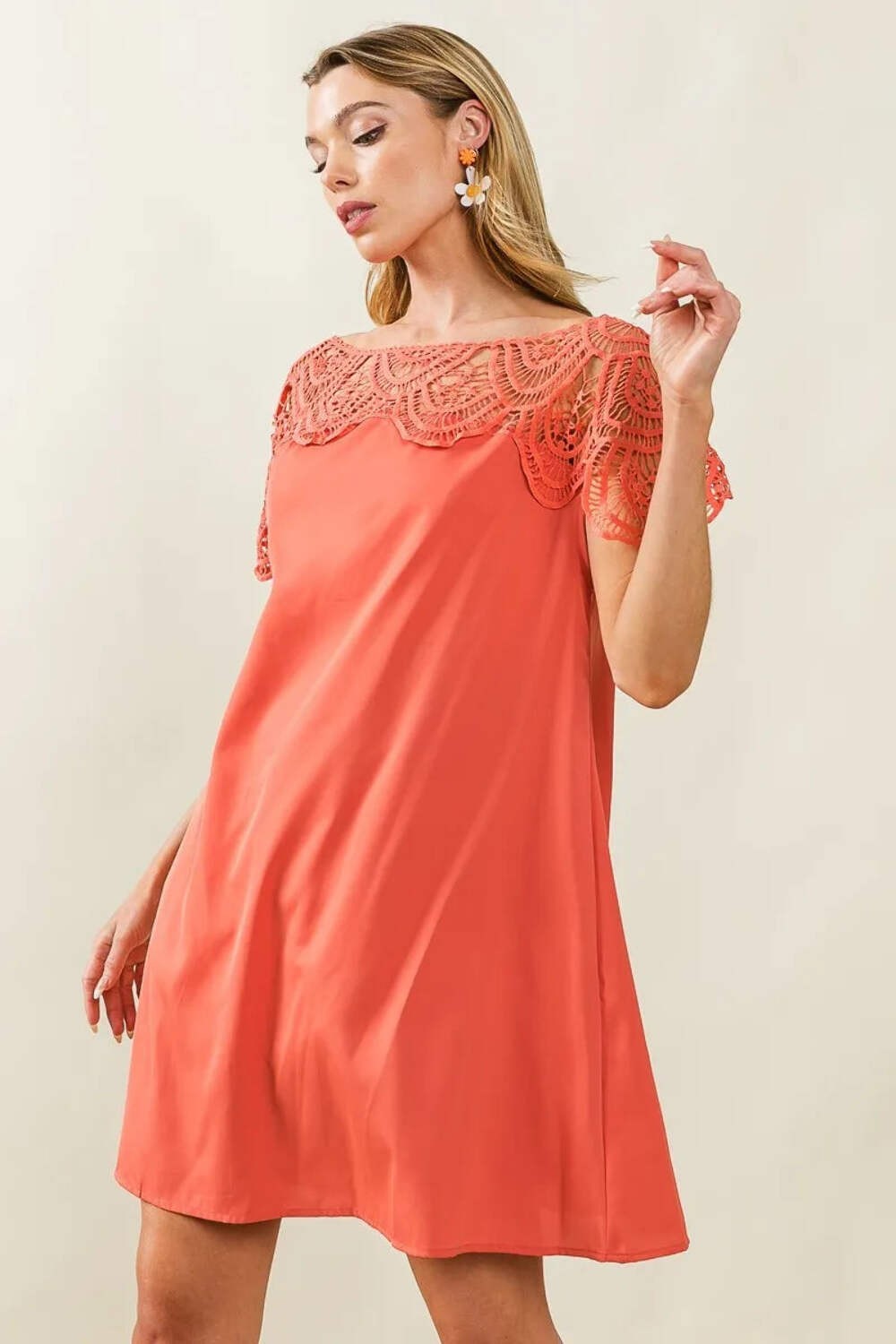 Crochet Lace Yoke Detailed Wrinkled Dress