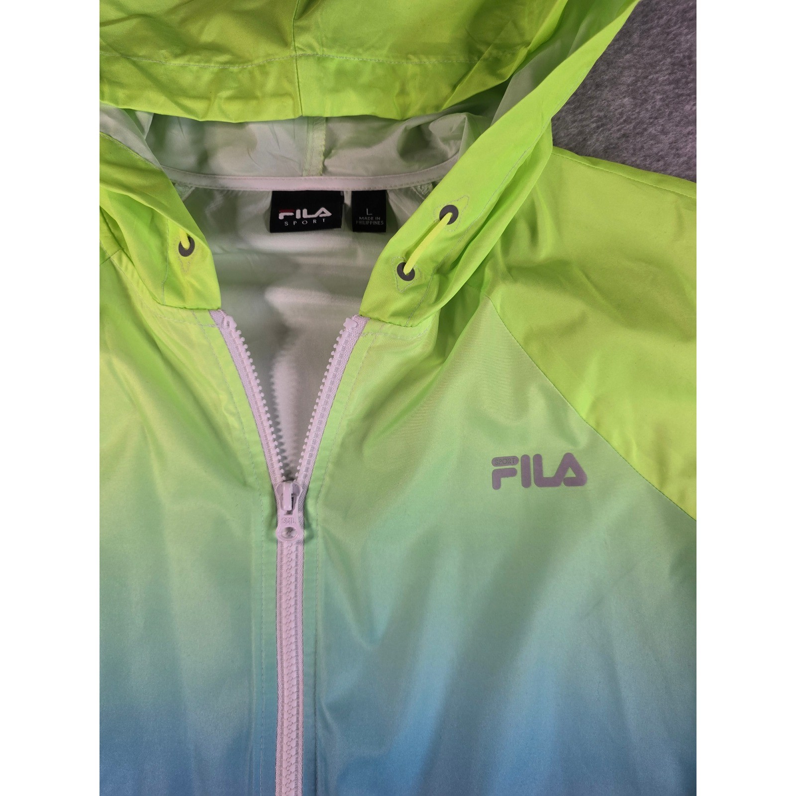 Fila Sport Womens Windbreaker Hooded Jacket Neon Green Blue Ombre Large L