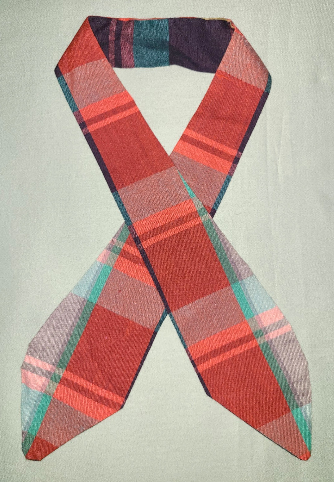 Vtg cotton Madras plaid multicolor reversible tie, red blue purple green