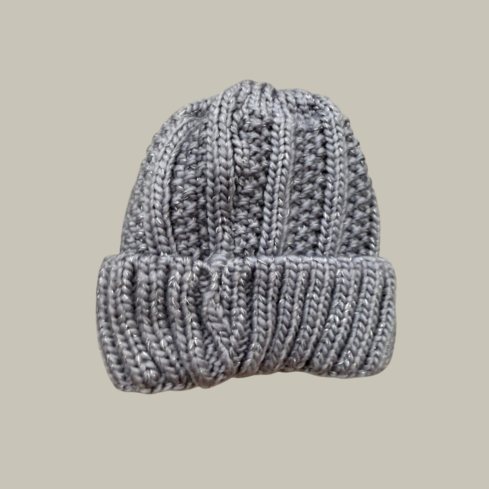 Chunky Knit Metallic Beanie Lavender Grey Fleece Lined Rosette Winter Hat