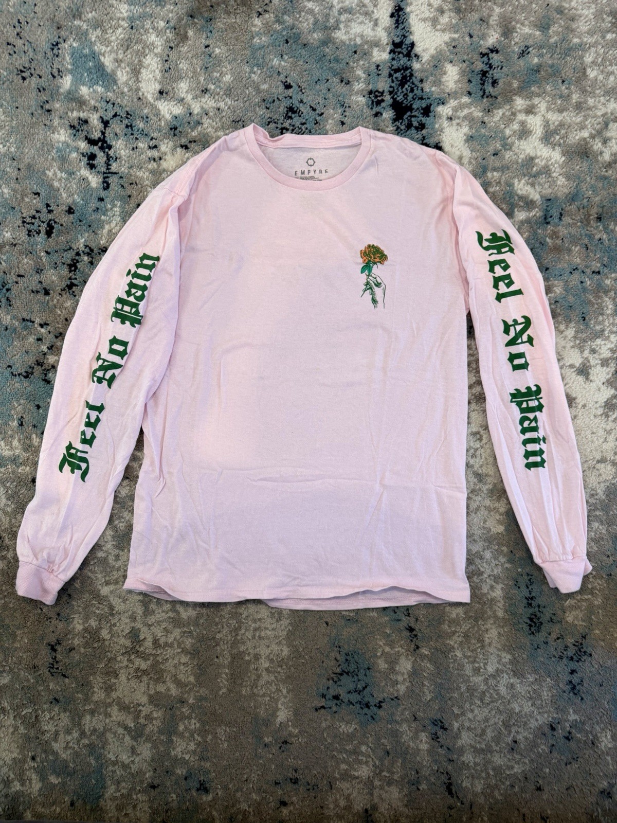 Men’s Empyre Pink Long Sleeve Tee with Green Script Sleeves & Floral Chest – M
