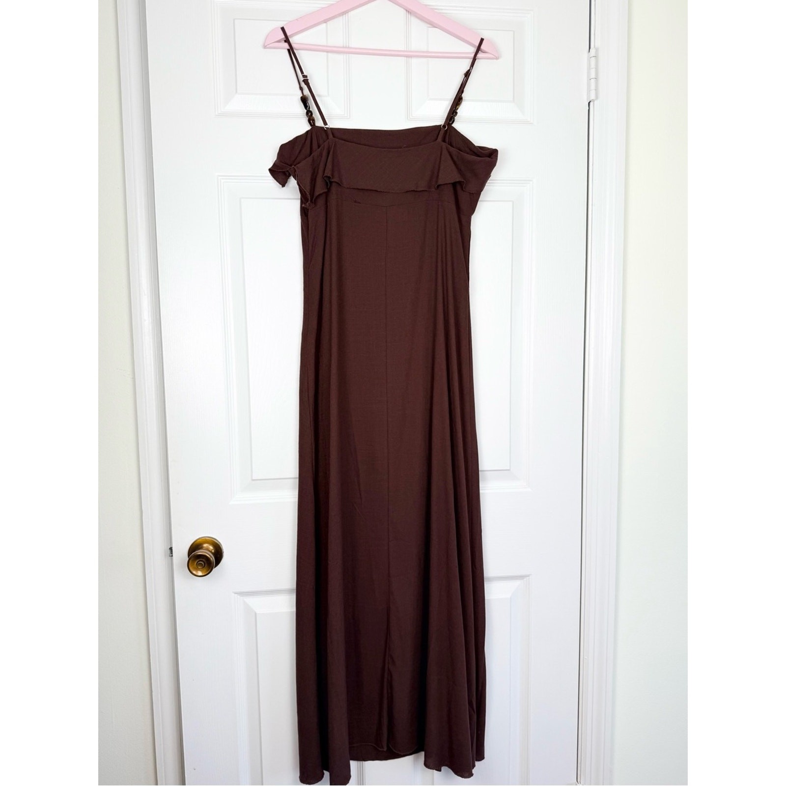NWT Paper Heart LINEN Blend Chocolate Brown Maxi Dress with Adjustable Straps M