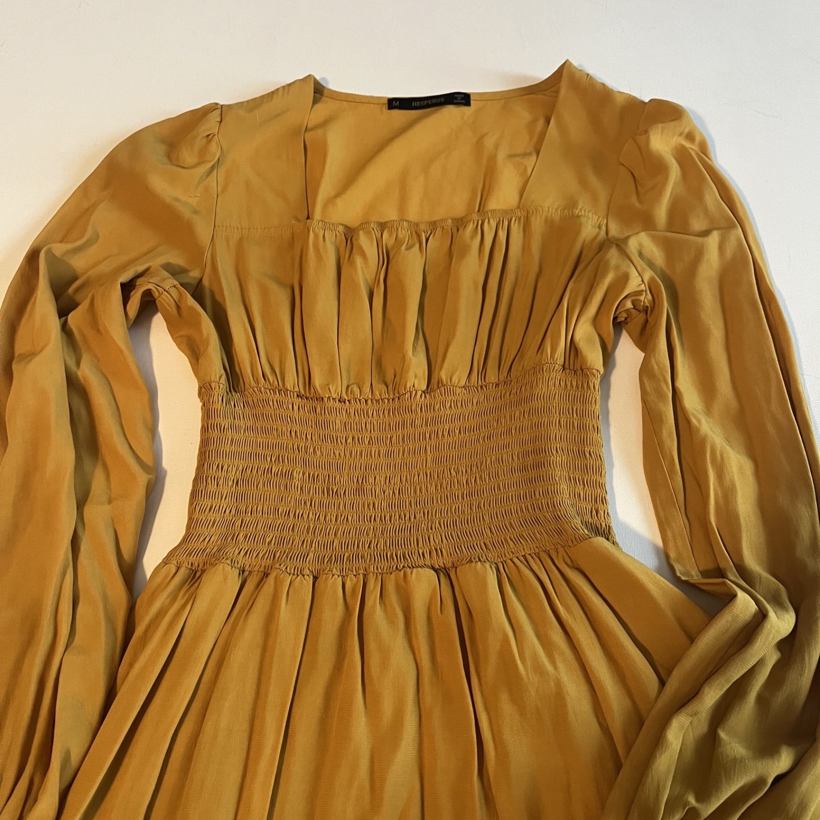 Hesperus Womens Square Neck Mustard Yellow Dress Long Sleeve Ruched Waist Med