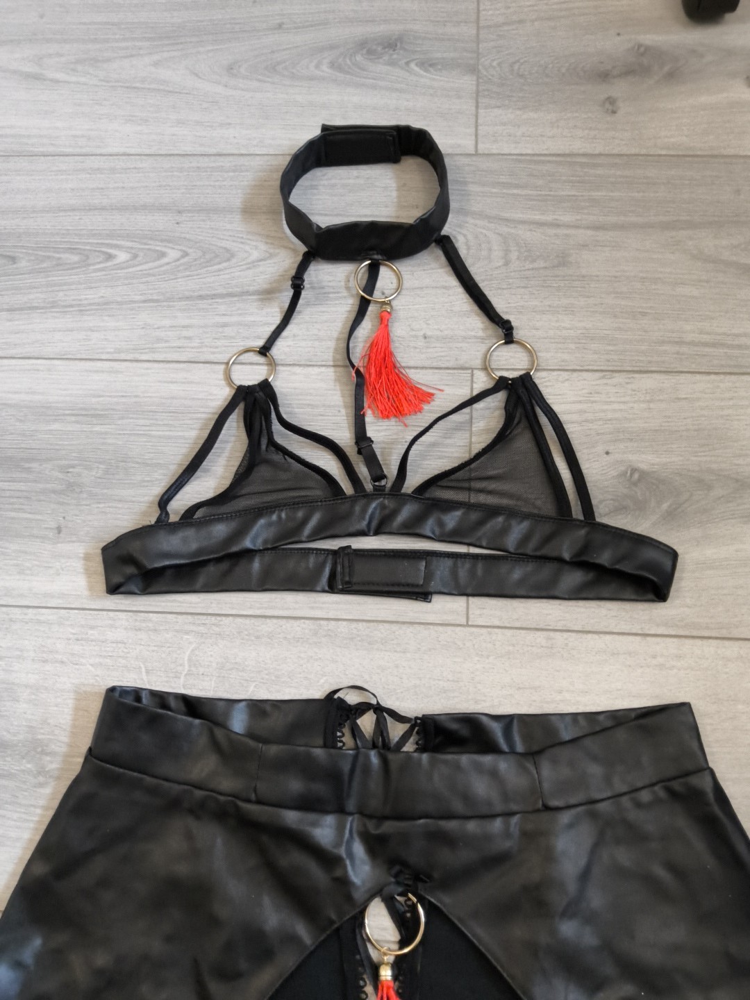 BNWOT Black PVC & Sheer Mesh Tassel Suspender Skirt & Bra Top Set Size 10-14