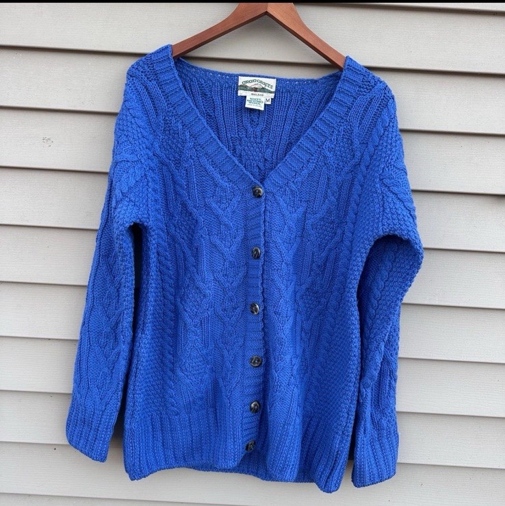 Aran Crafts Wool Irish Cardigan Cable Knit Sweater Blue Women’s Large
