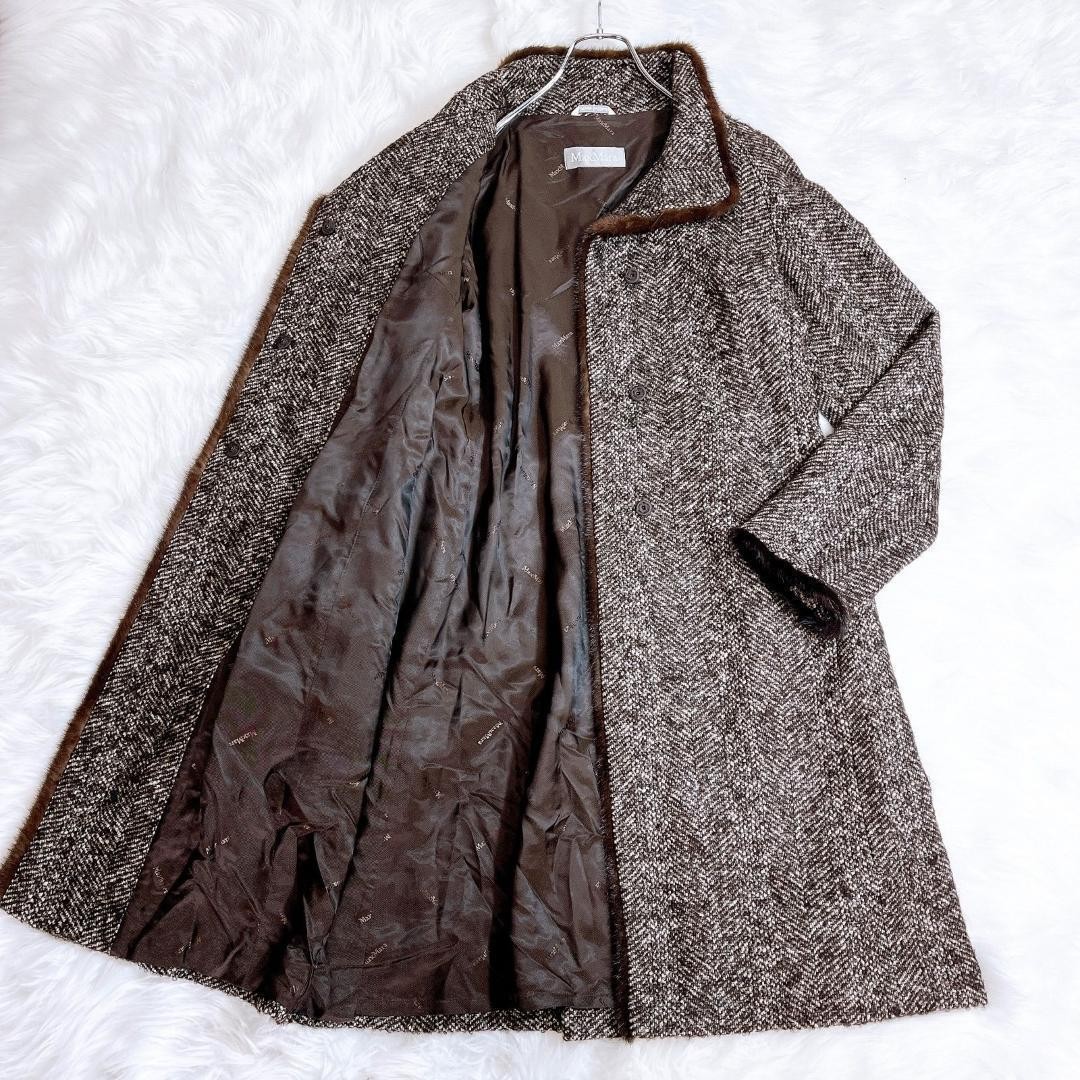 Max Mara mink fur coat, wool, brown tweed, size L