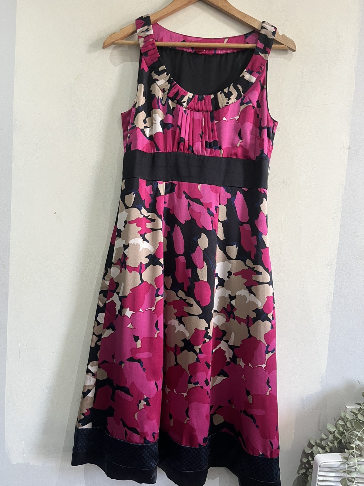 MONSOON 100% Silk Pink Black Blue Beige Fit & Flare Dress Size 10