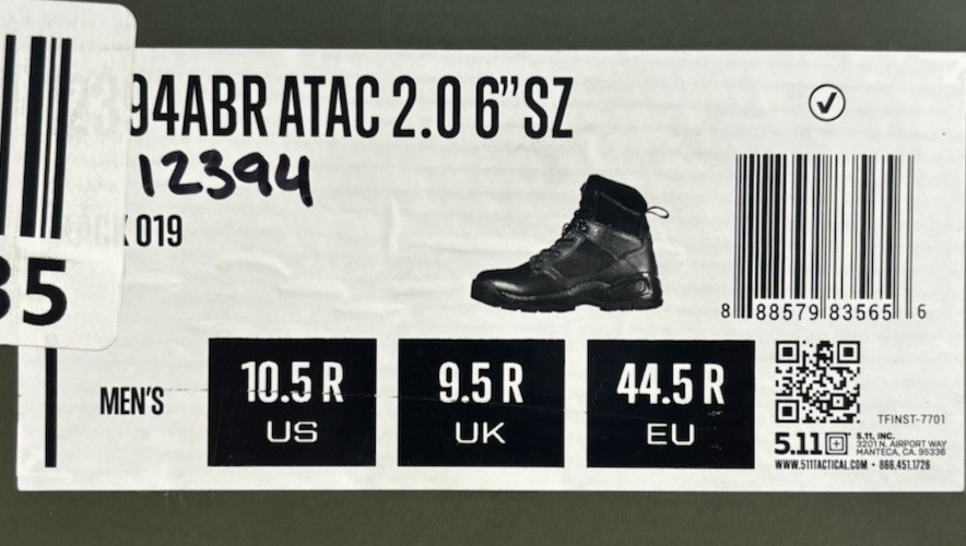 NIB 10.5 REG MENS 5.11 TACTICAL ATAC 2.0 6″ SIDE ZIP BOOTS 12394ABR BLACK 10.5