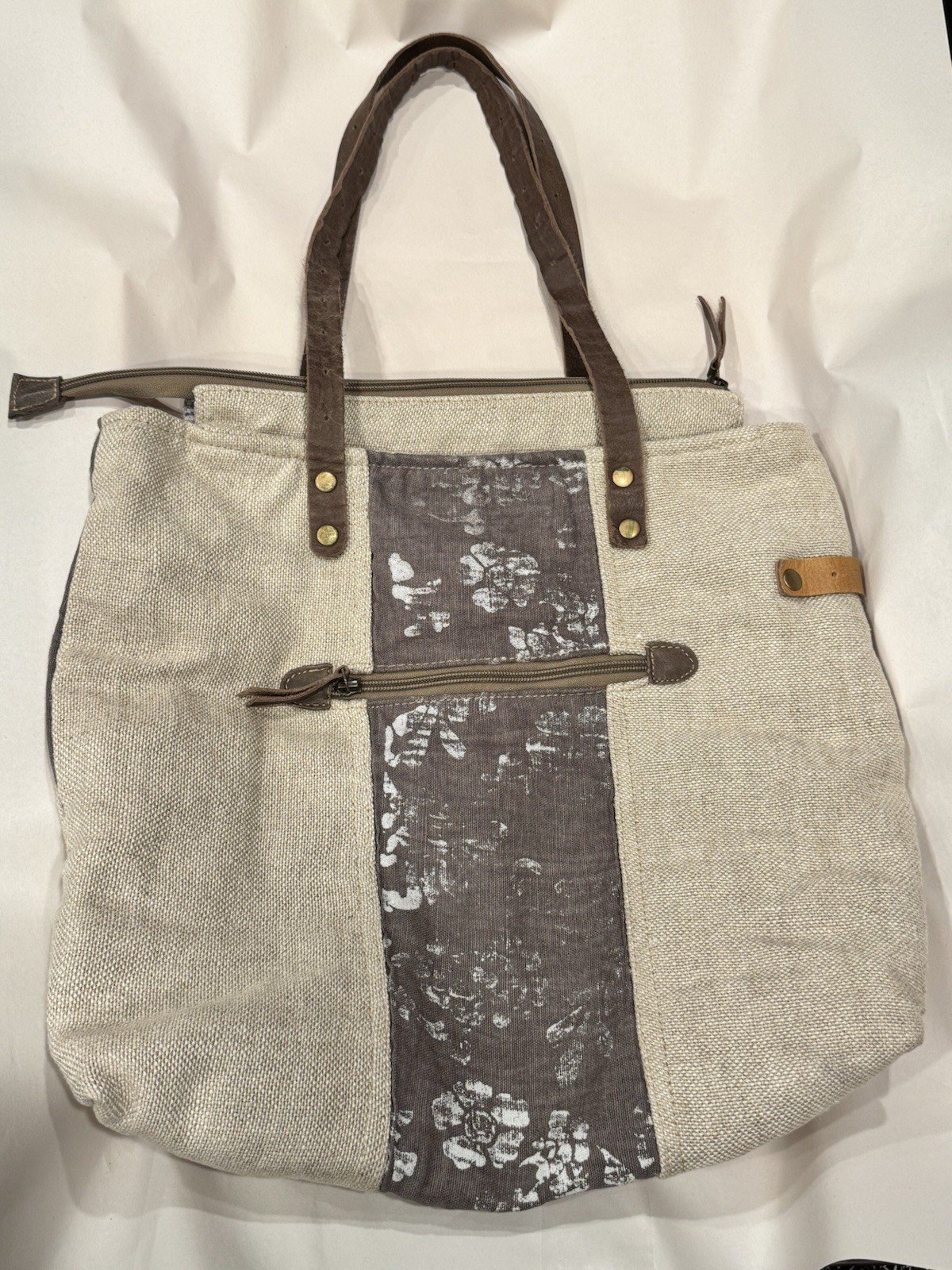 Myra Bag “Maison Blanche” Upcycled Linen Canvas Tote W/ Leather Handles
