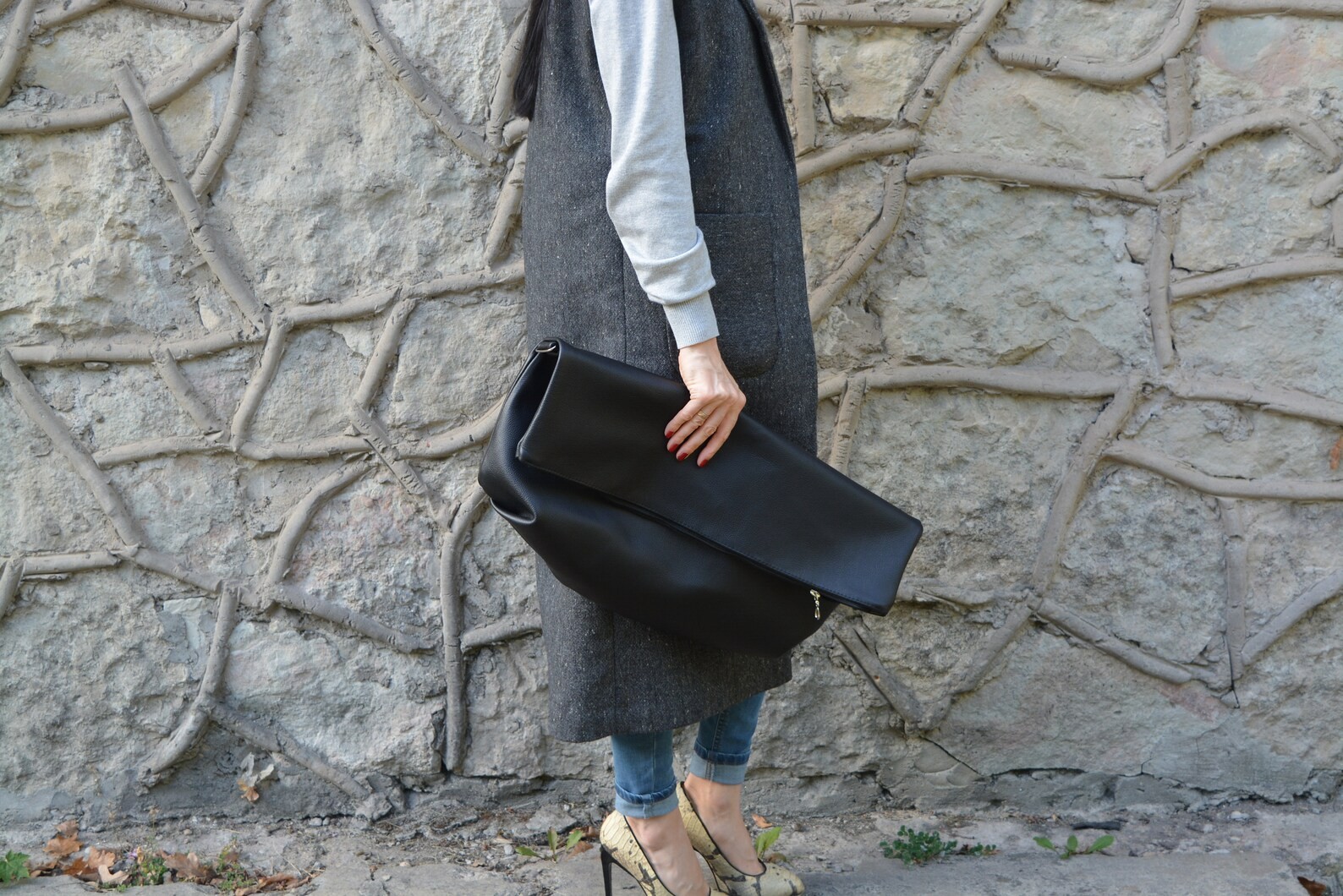 Oversize 3 in 1 Leather Clutch Shoulder Bag Tote