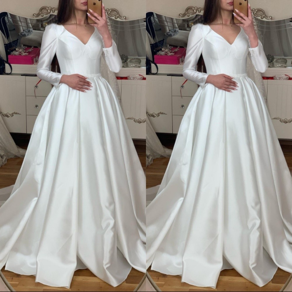 Classic Wedding Dresses V Neck Long Sleeves Satin A Line Bridal Gown Sweep Train