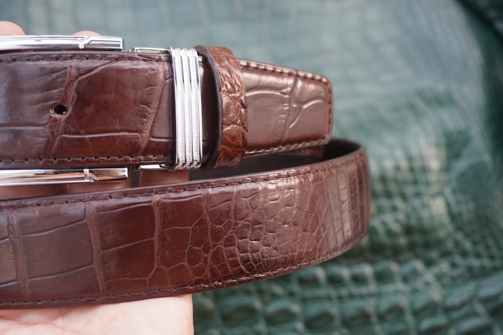 W1.3 inch Brown Real Crocodile Belly Leather Skin Men’s Belt Pin Buckle #K65