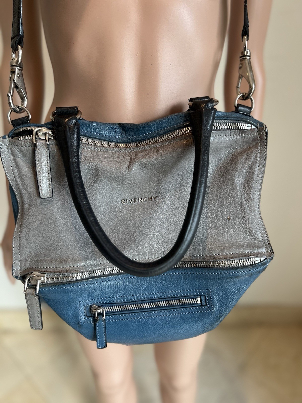 Givenchy Pandora Medium Leather Bag Satchel Sugar Goatskin Blue/Gray Two Tone