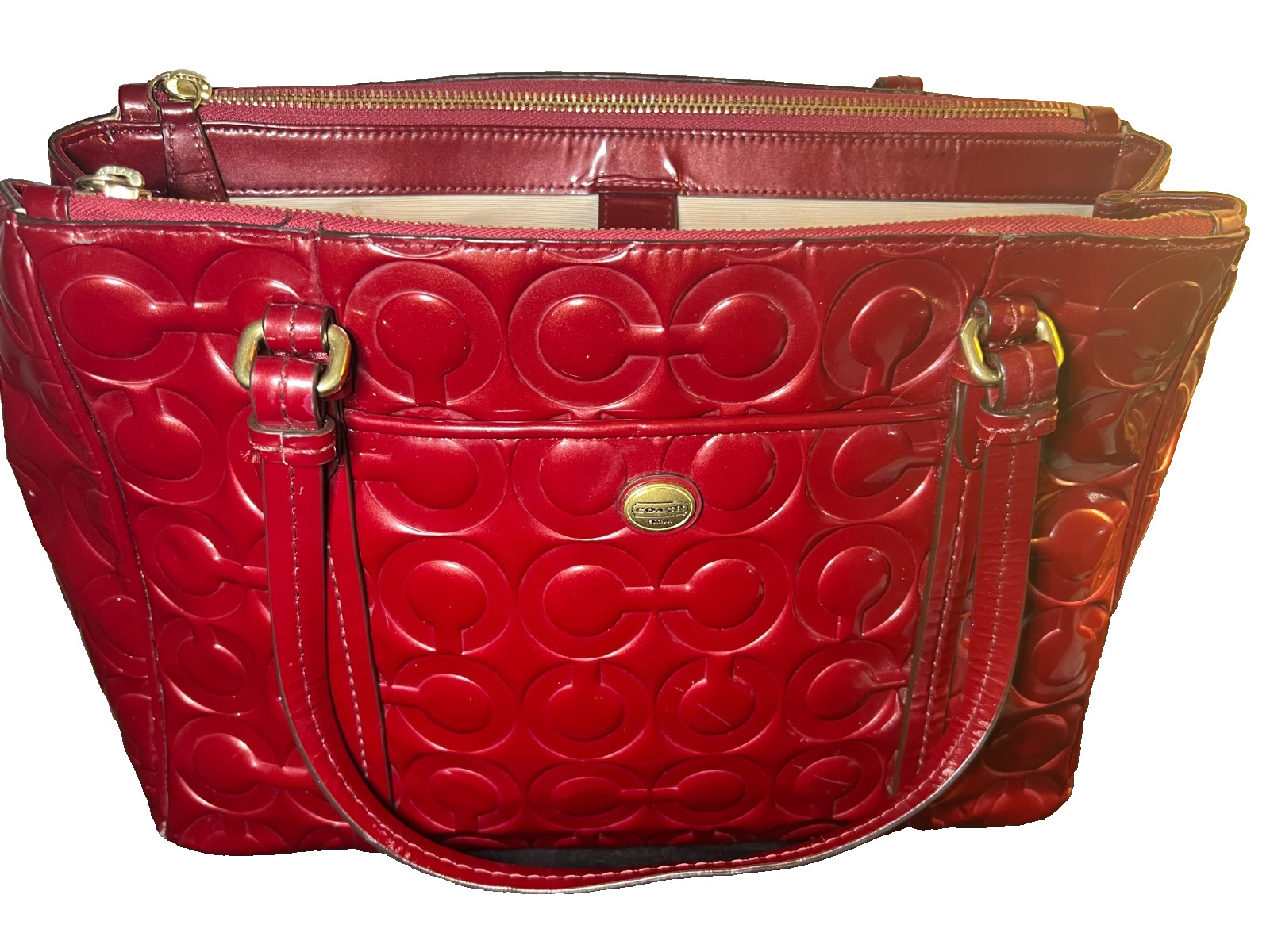 Coach Red Signature Embossed Patent Leather Tote Shoulder Bag Gold Hardware