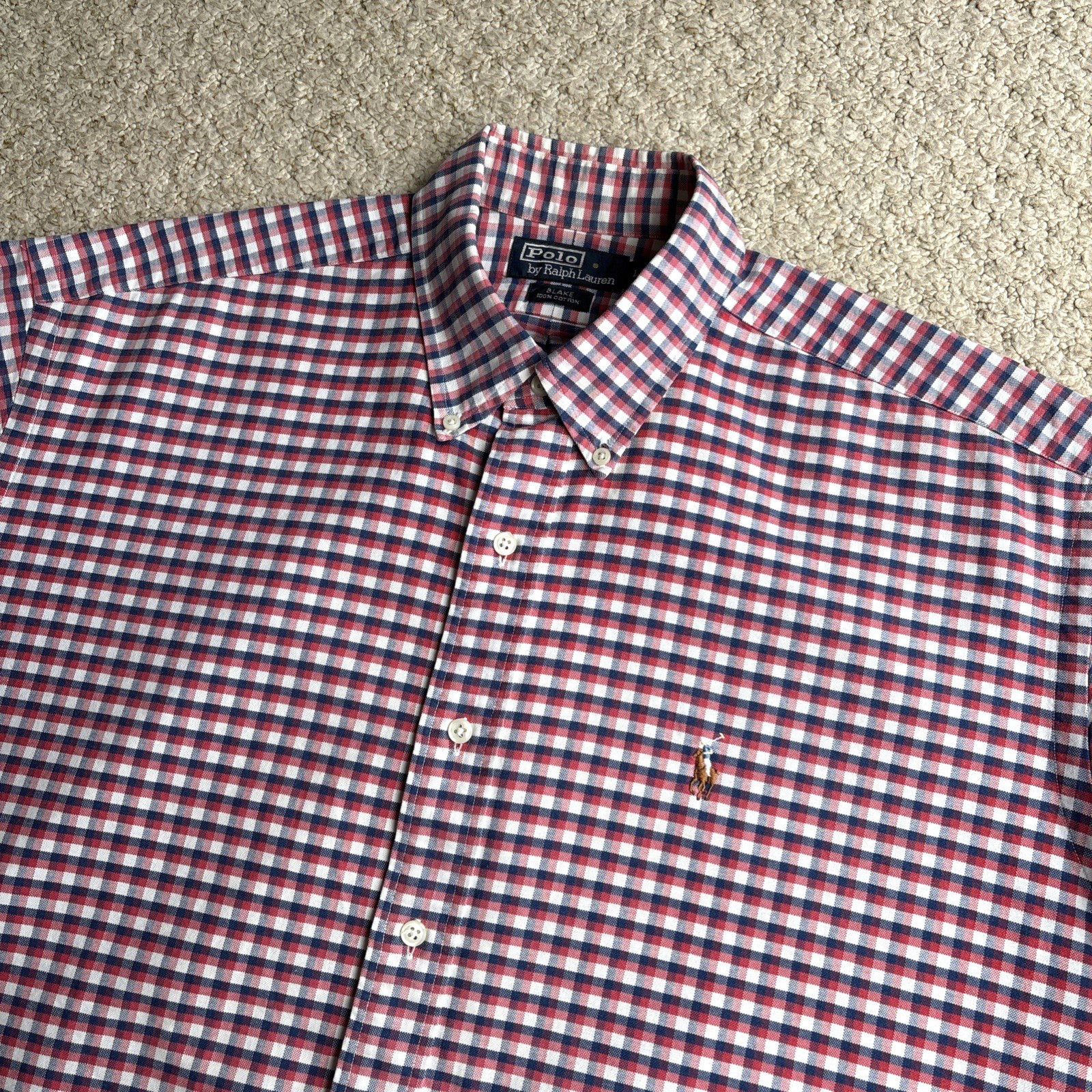 Ralph Lauren Mens Shirt Pink Blue Large Check Cotton Blake S/Sleeve Button Up