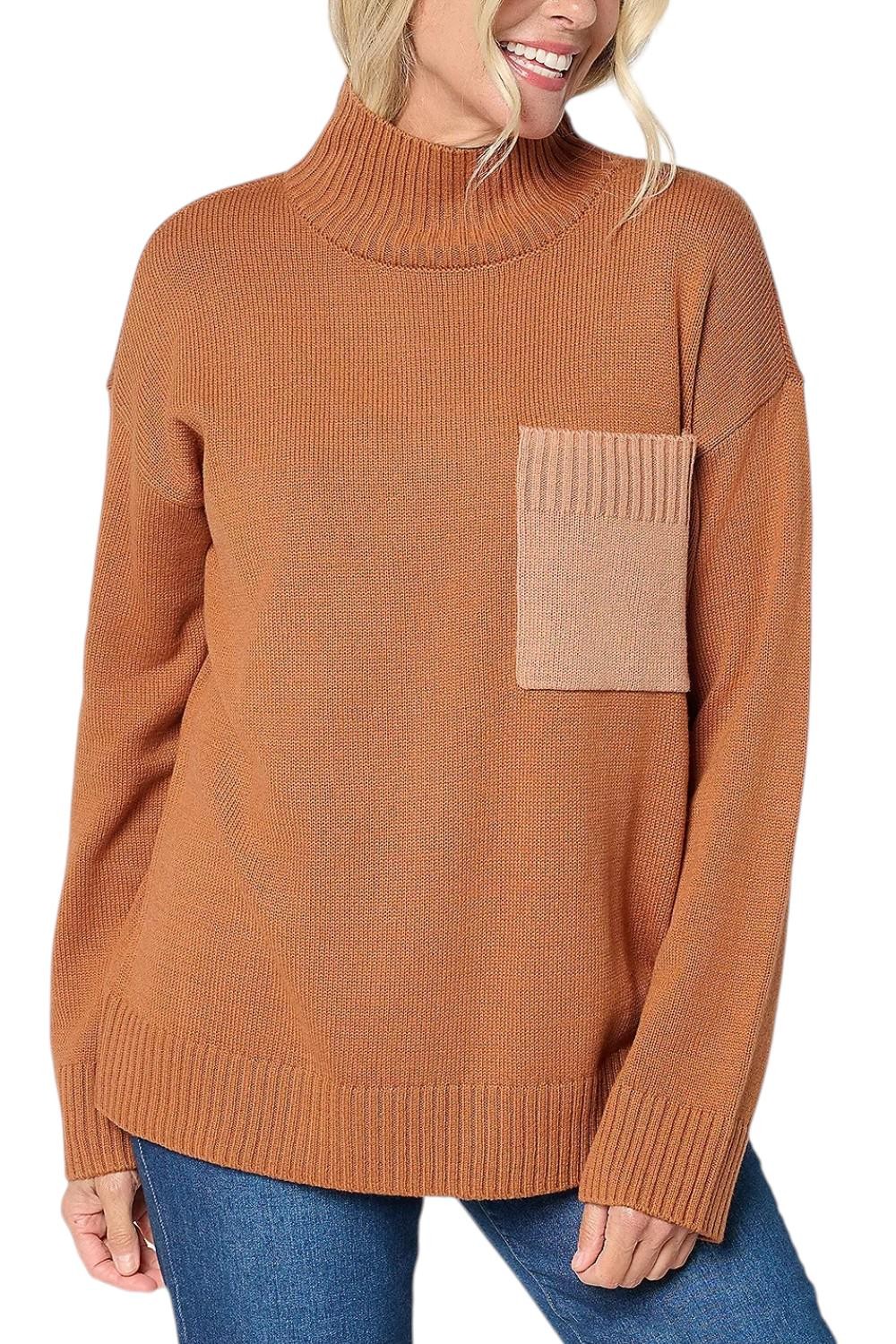 Peace Love World Women’s Turtleneck ColorBlock Pocket Sweater Tan